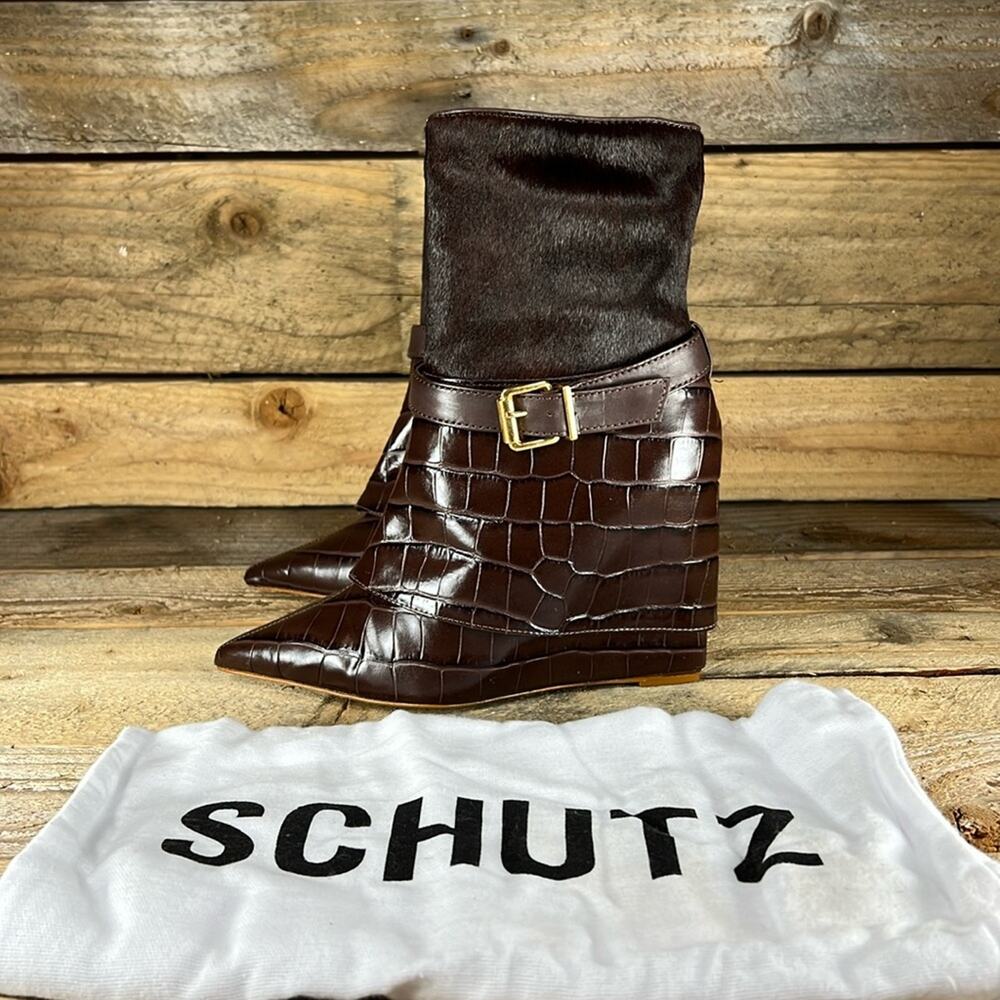 SCHUTZ Brown Croc-Embossed Ankle Boots